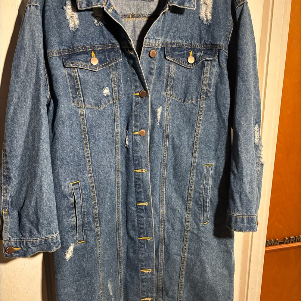 Women's Distressed Long Blue Denim Jacket